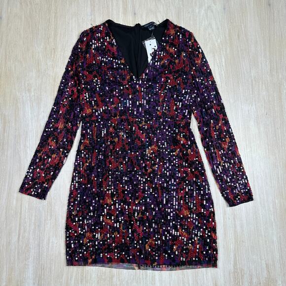 French Connection Inari Embellished Sequin Long Sleeve Deep V-Neck Mini Dress 10 - Picture 1 of 16